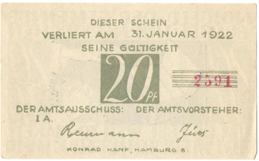 20 Pf banknot zastępczy Brande-Hörnerkirchen 1922