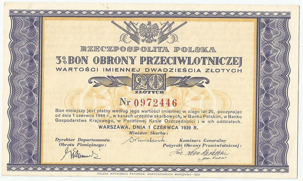 Bon obrony przeciwlotniczej na 20 złotych 1.06.1939, stan 2