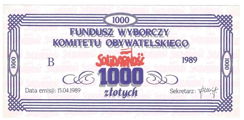 Cegiełka 1000 zł Fundusz Wyborczy Komitetu Obywatelskiego Solidarność