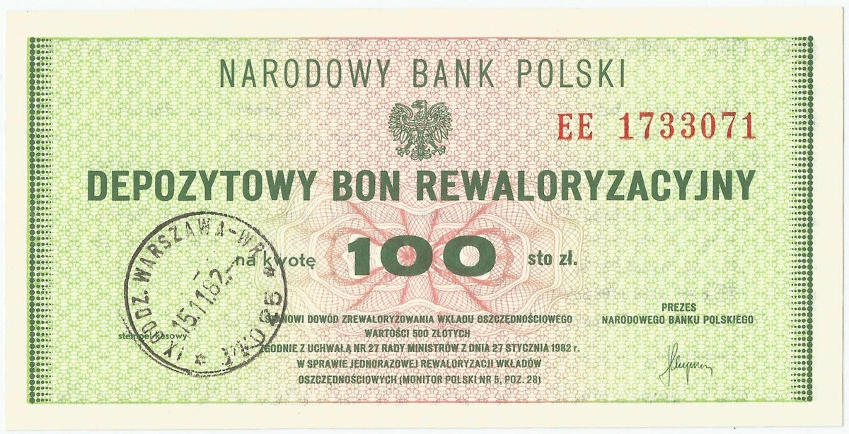 Depozytowy bon rewaloryzacyjny na 100 złotych, 1982
