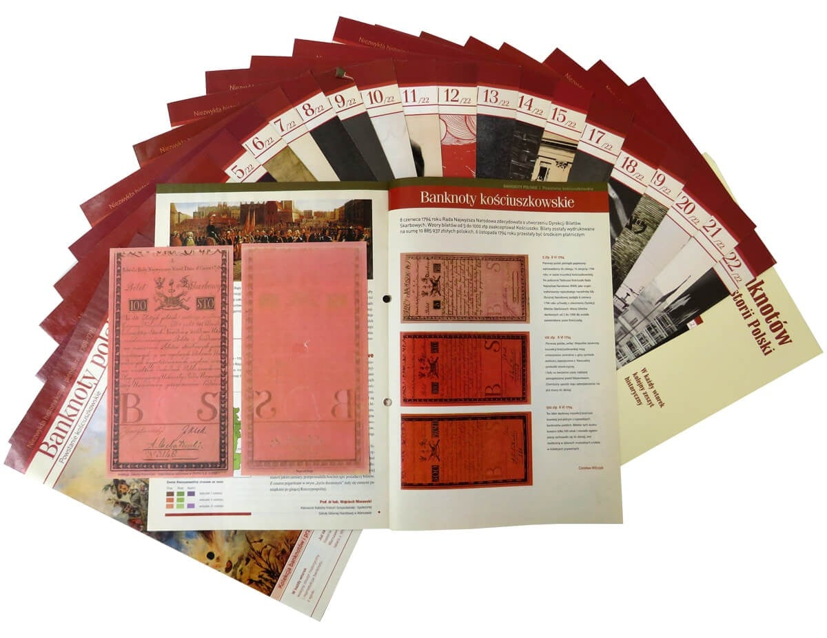 Zestaw 21 reprintów / reprodukcji rzadkich polskich banknotów obiegowych w etui