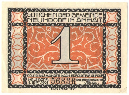 1 mark banknot zastępczy Neundorf 1921