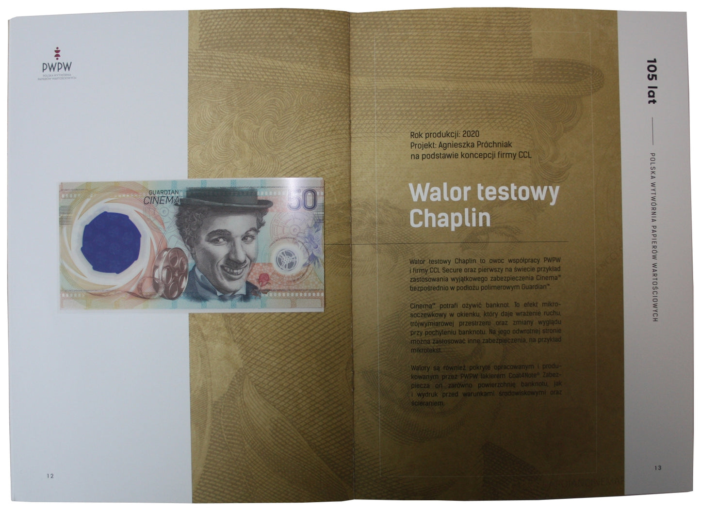105 lat PWPW, banknoty testowe  Chaplin, Afryka 55, Sowa, znaki wodne, ryt, karta NFT