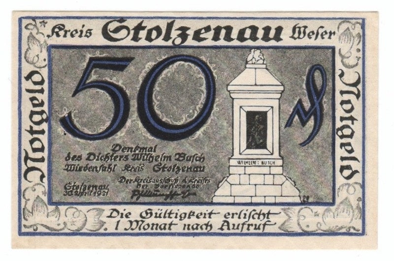 50 Pf banknot zastępczy miasto Stolzenau 1921