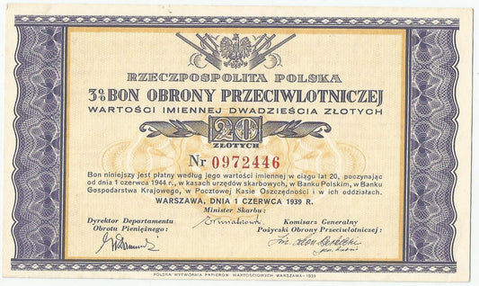 Bon obrony przeciwlotniczej na 20 złotych 1.06.1939, stan 2