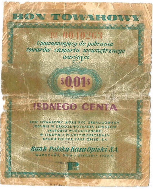 Bon towarowy 1 cent 1960, seria BI, stan 5