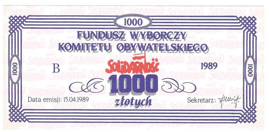 Cegiełka 1000 zł Fundusz Wyborczy Komitetu Obywatelskiego Solidarność