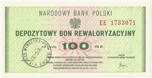 Depozytowy bon rewaloryzacyjny na 100 złotych, 1982