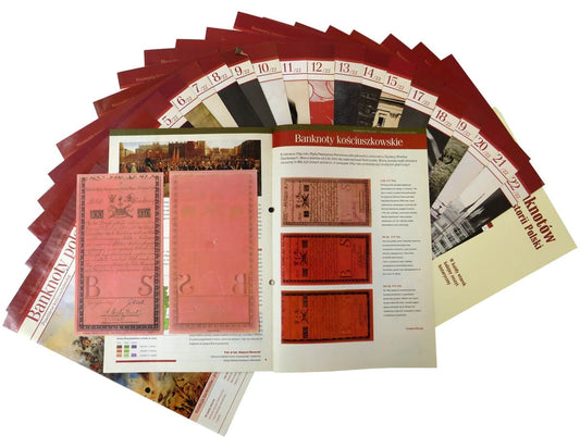 Zestaw  21 reprintów / reprodukcji rzadkich polskich banknotów obiegowych w etui